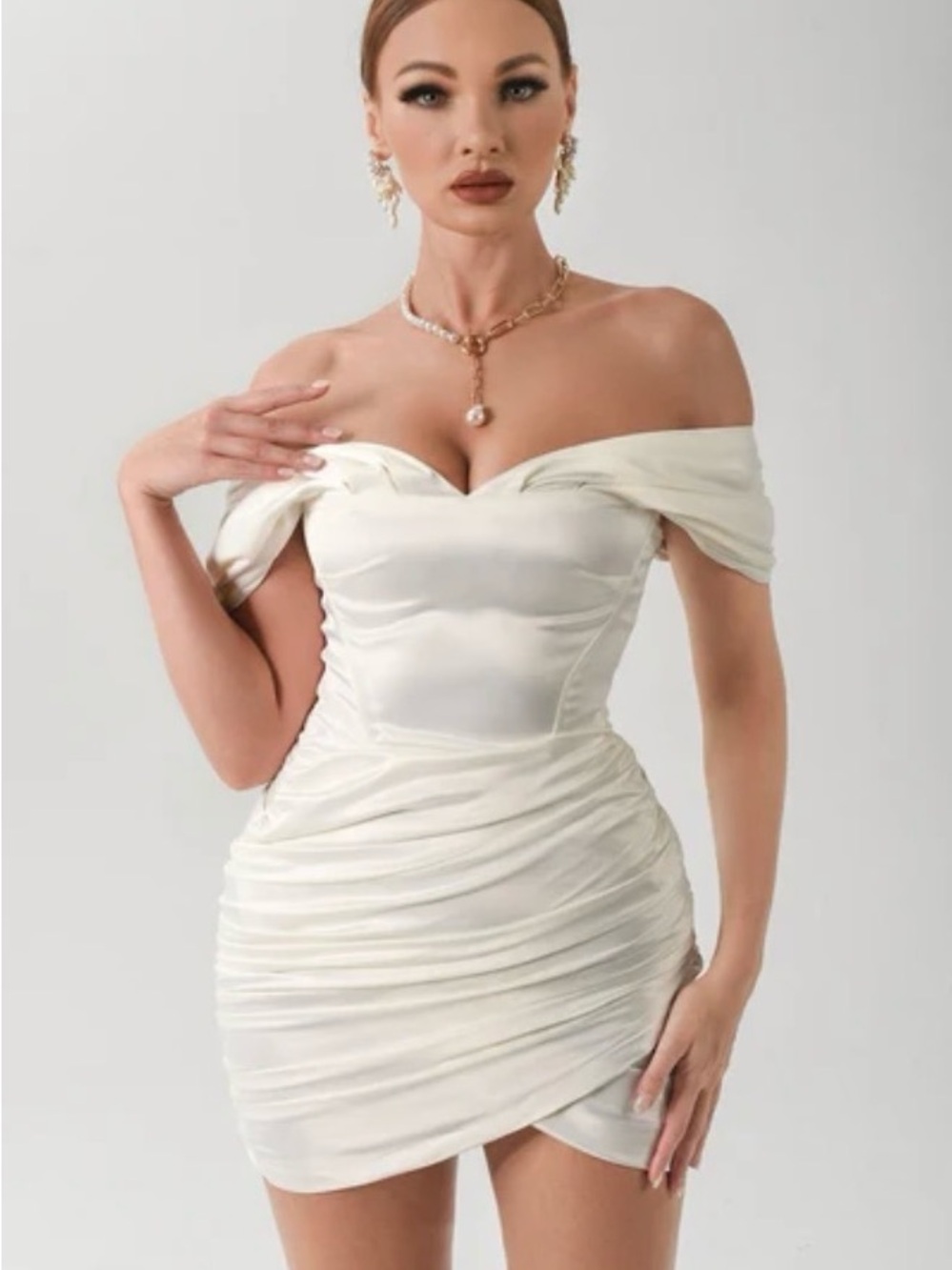 BNWT - Off-Shoulder Satin Ruched Mini Dress in Ivory